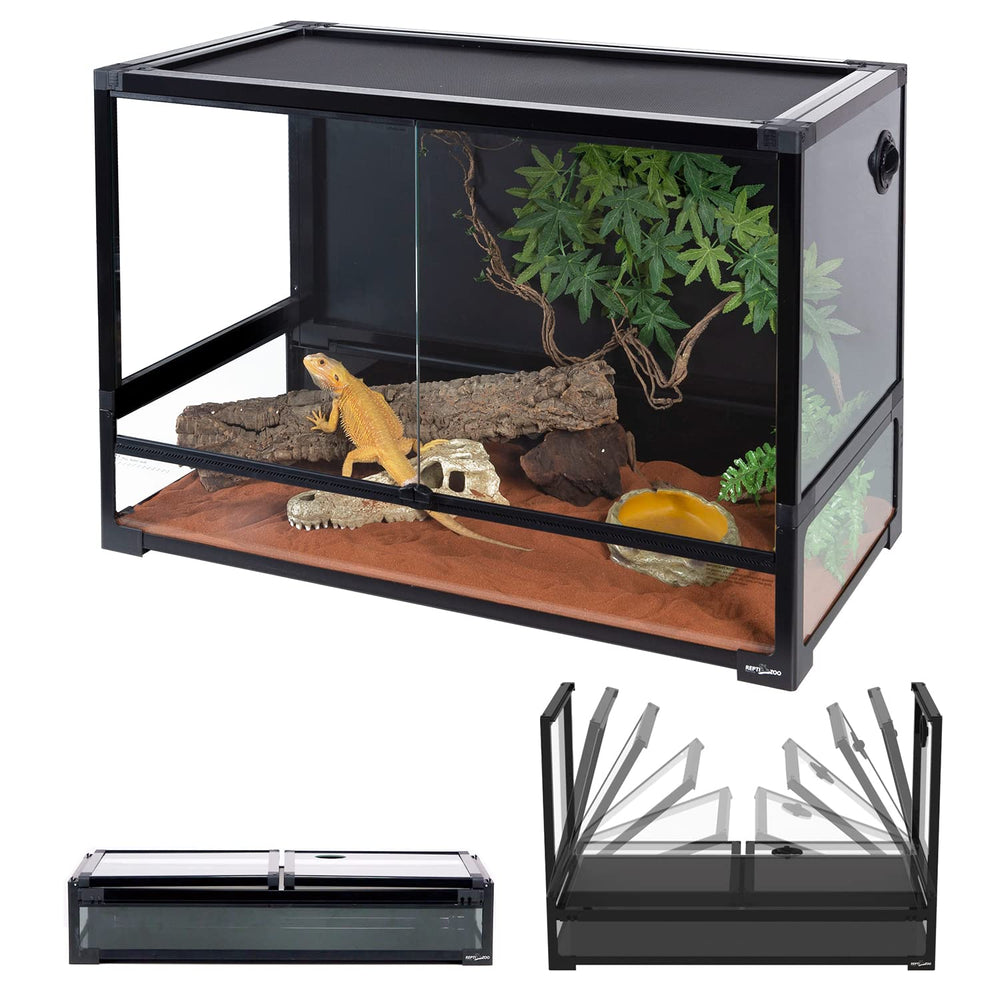 REPTI ZOO collapsible 60-gallon tank assembly shows quick setup and sturdy frame.