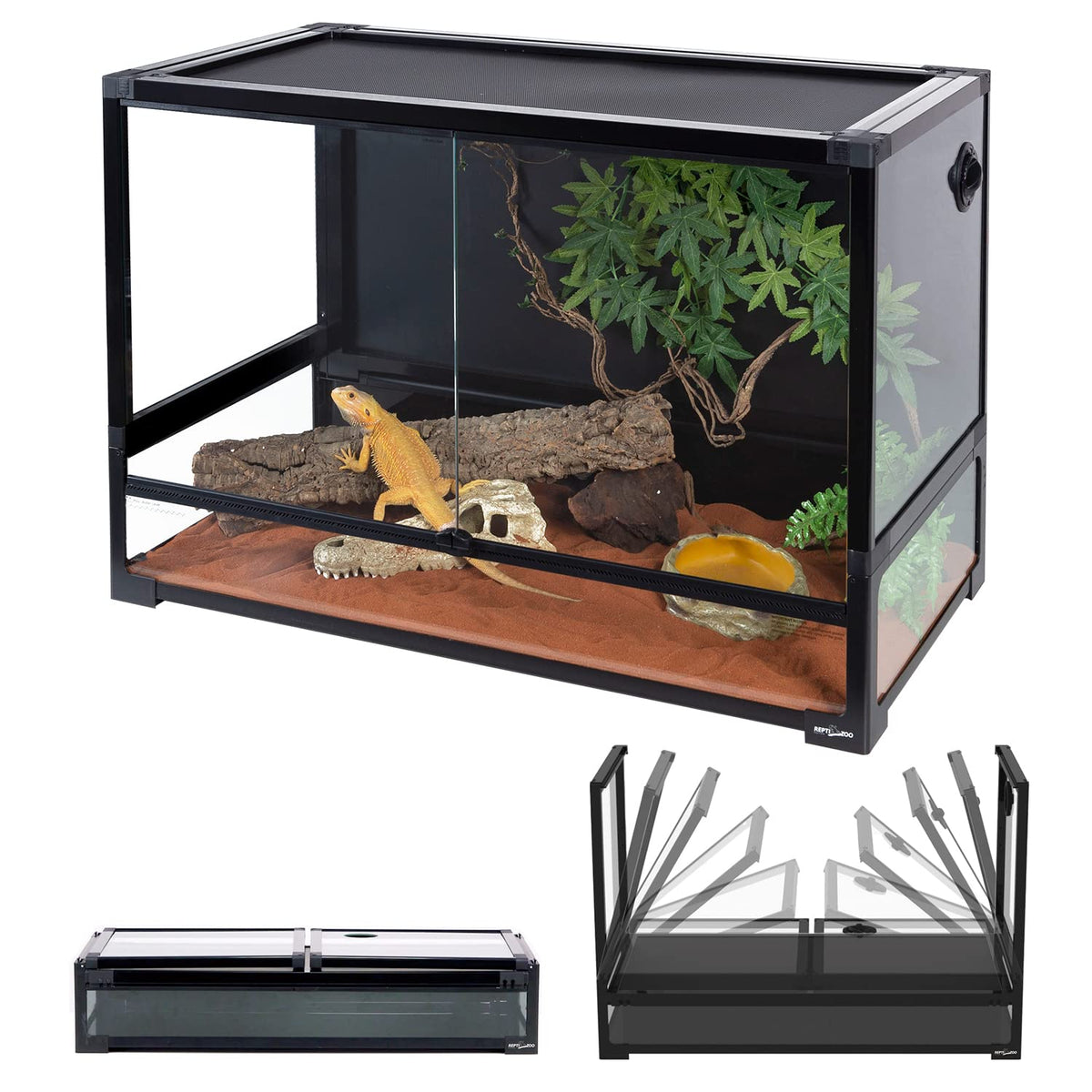 REPTI ZOO collapsible 60-gallon tank assembly shows quick setup and sturdy frame.