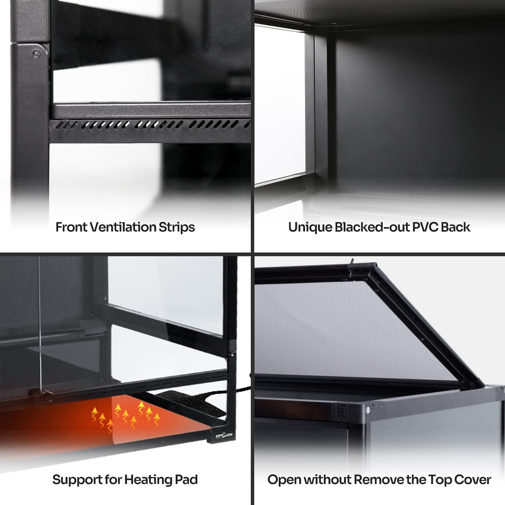 REPTI ZOO collapsible 60-gallon tempered-glass base supports heaters and clean substrate.