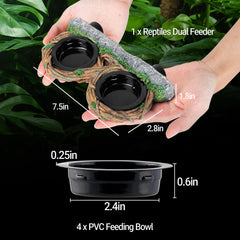REPTI ZOO feeding ledge with 4 cups close-up highlights versatile meal setup.