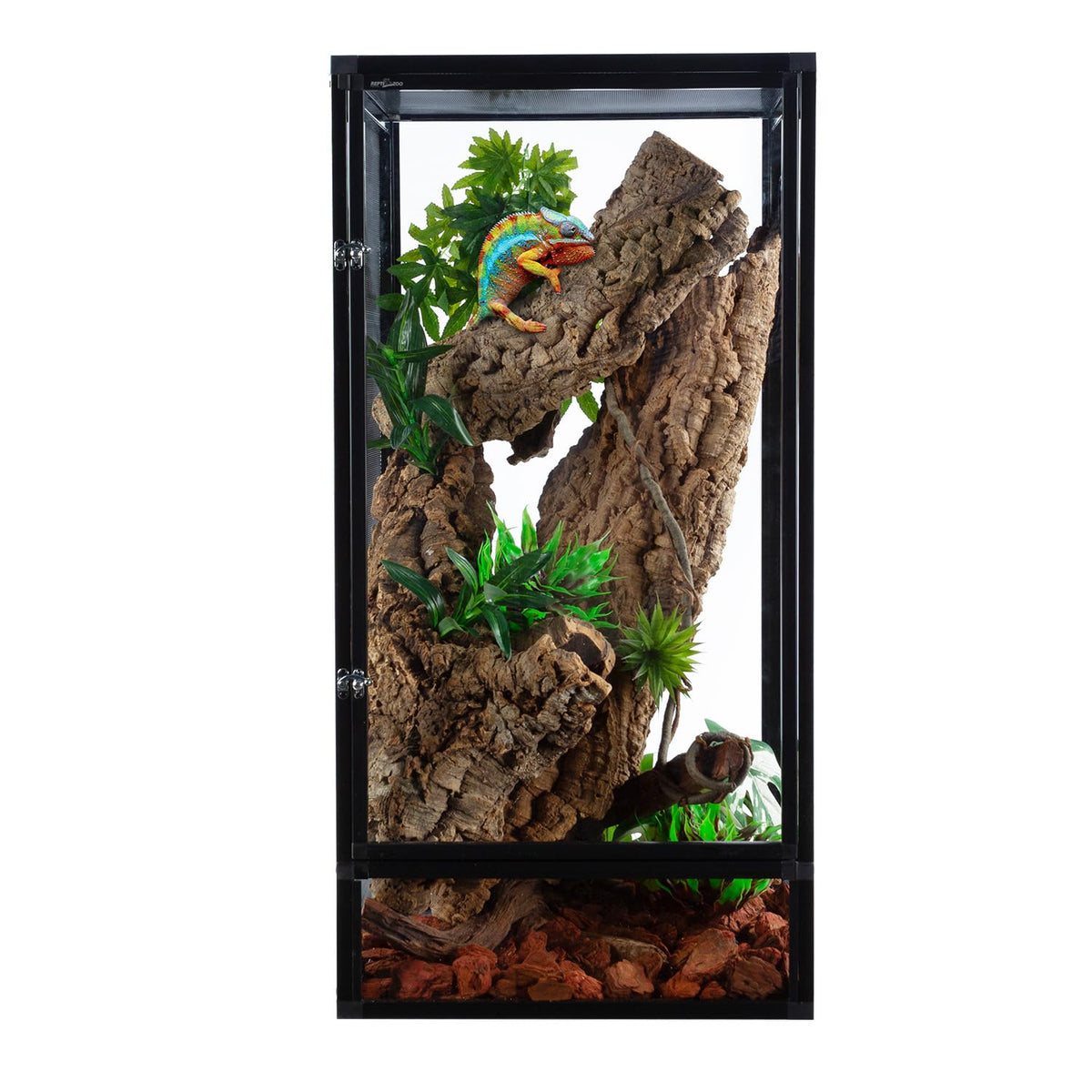 REPTI ZOO front-opening chameleon cage with lock for secure feeding and cleaning.