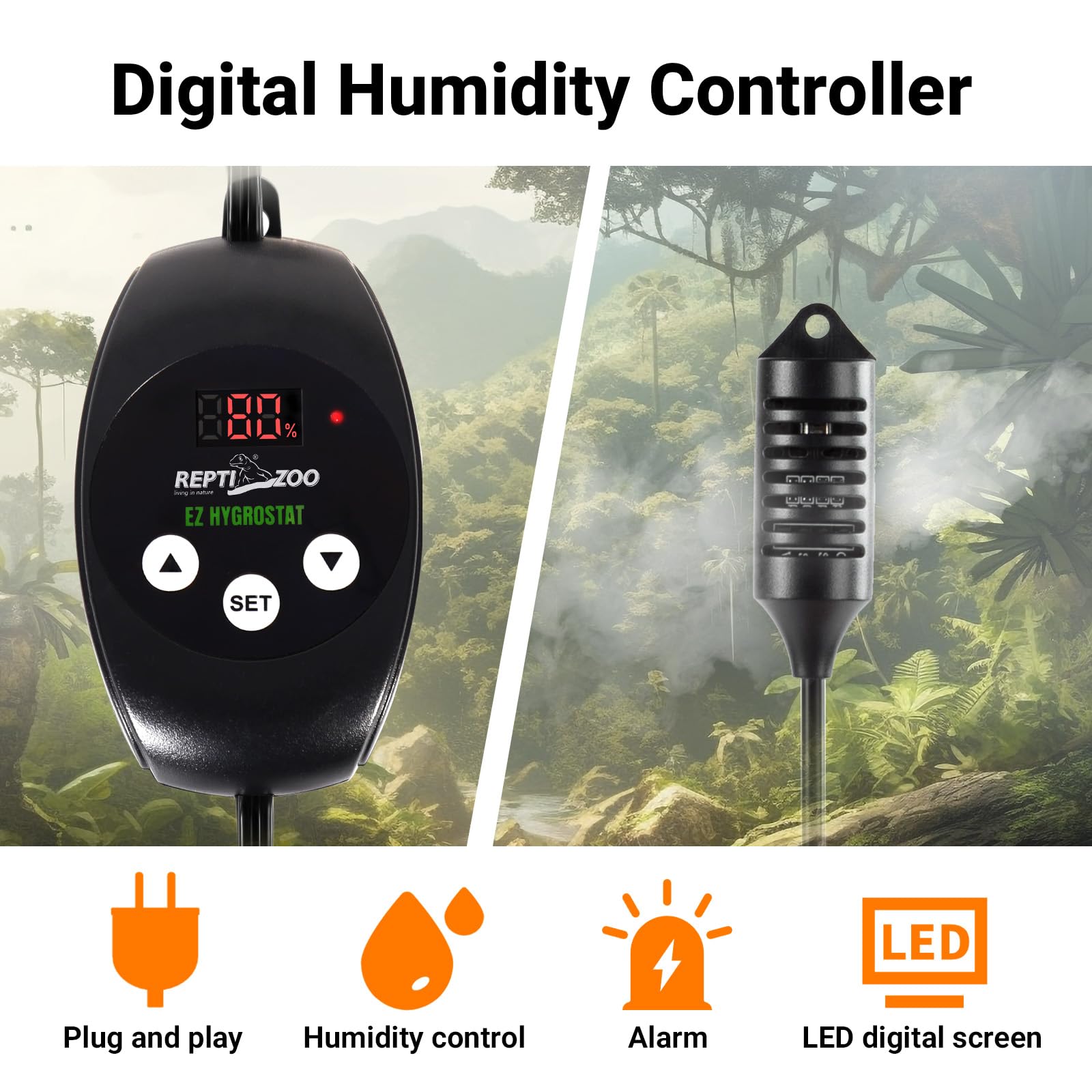 REPTI ZOO humidistat control panel offers easy micro-adjustments for stable terrarium humidity.