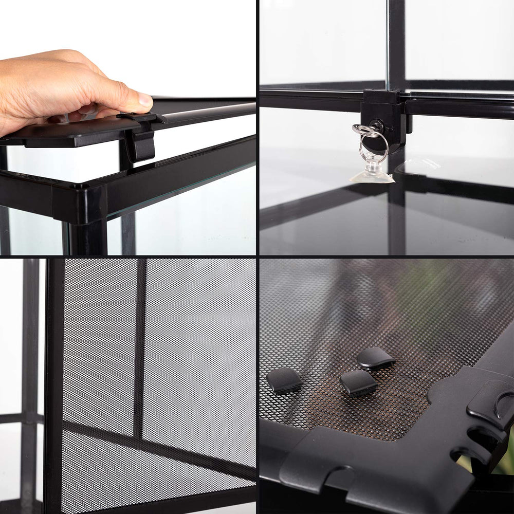 REPTI ZOO raised bottom frame accommodates a heater for substrate warmth.