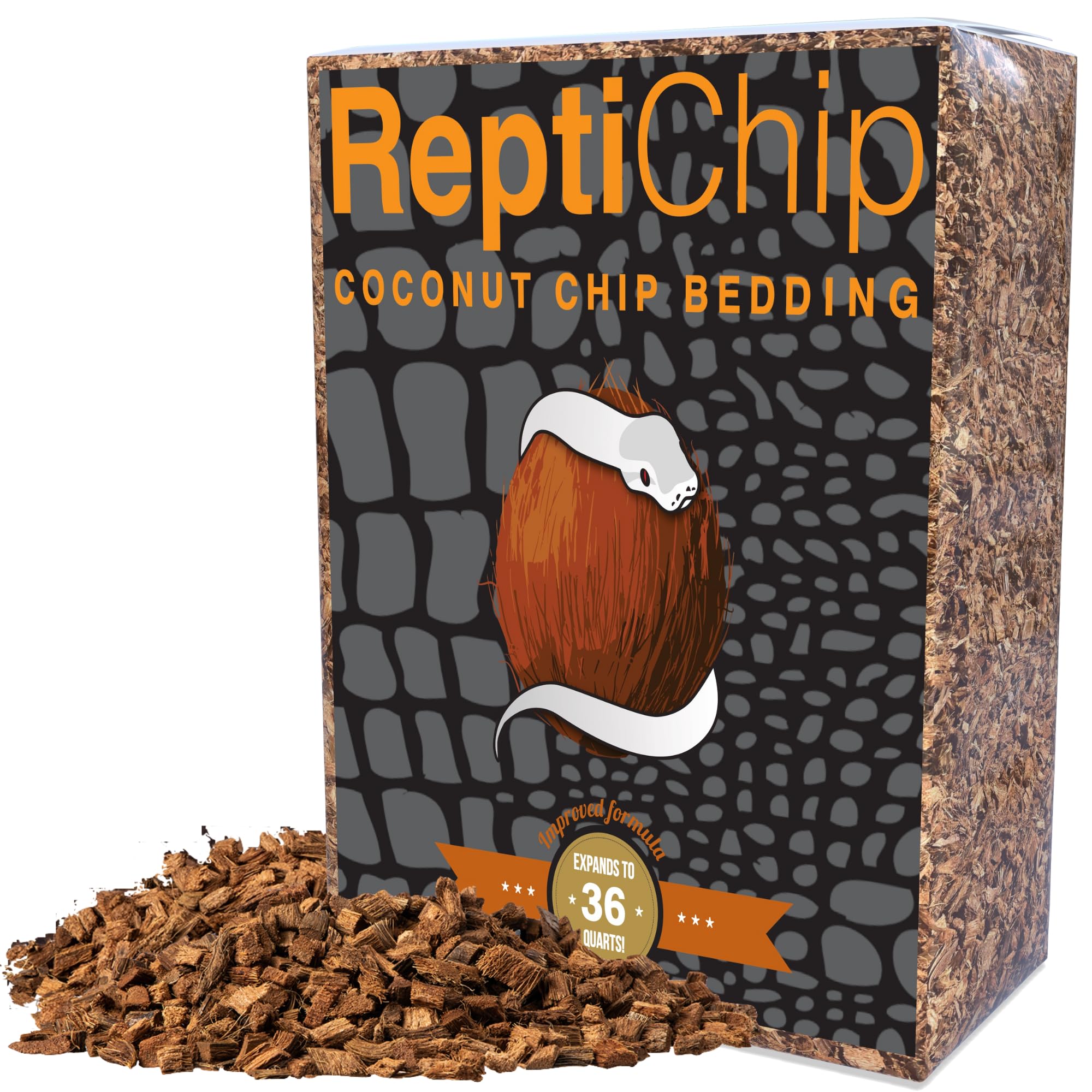 ReptiChip Premium Coconut Substrate bag open, ready-to-use reptile bedding for arid habitats.