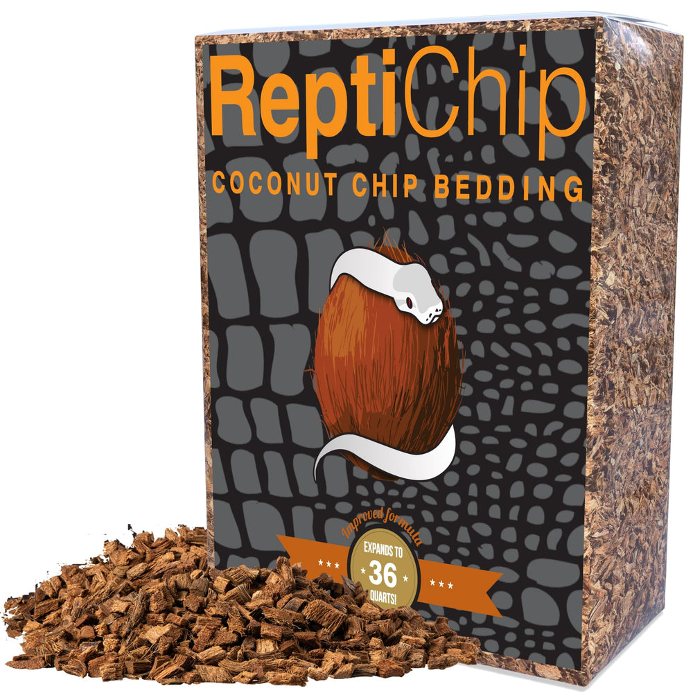 ReptiChip Premium Coconut Substrate bag open, ready-to-use reptile bedding for arid habitats.