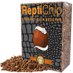 ReptiChip Premium Coconut Substrate bag open, ready-to-use reptile bedding for arid habitats.