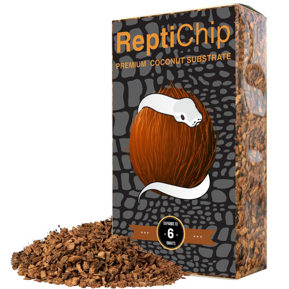 ReptiChip premium coconut substrate loose chips in a 6 qt bag for arid habitat setup and moisture control.