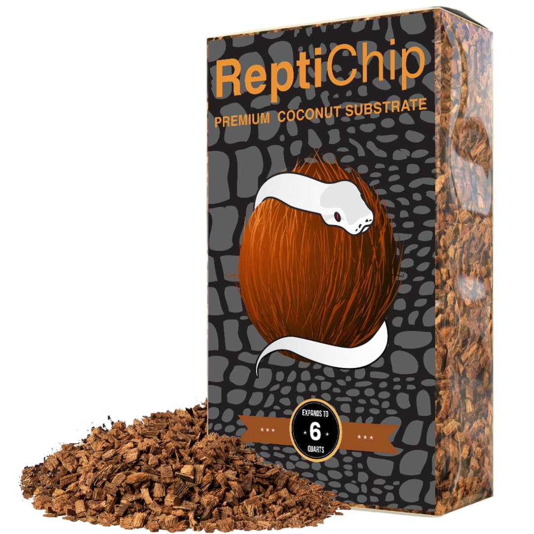 ReptiChip premium coconut substrate loose chips in a 6 qt bag for arid habitat setup and moisture control.