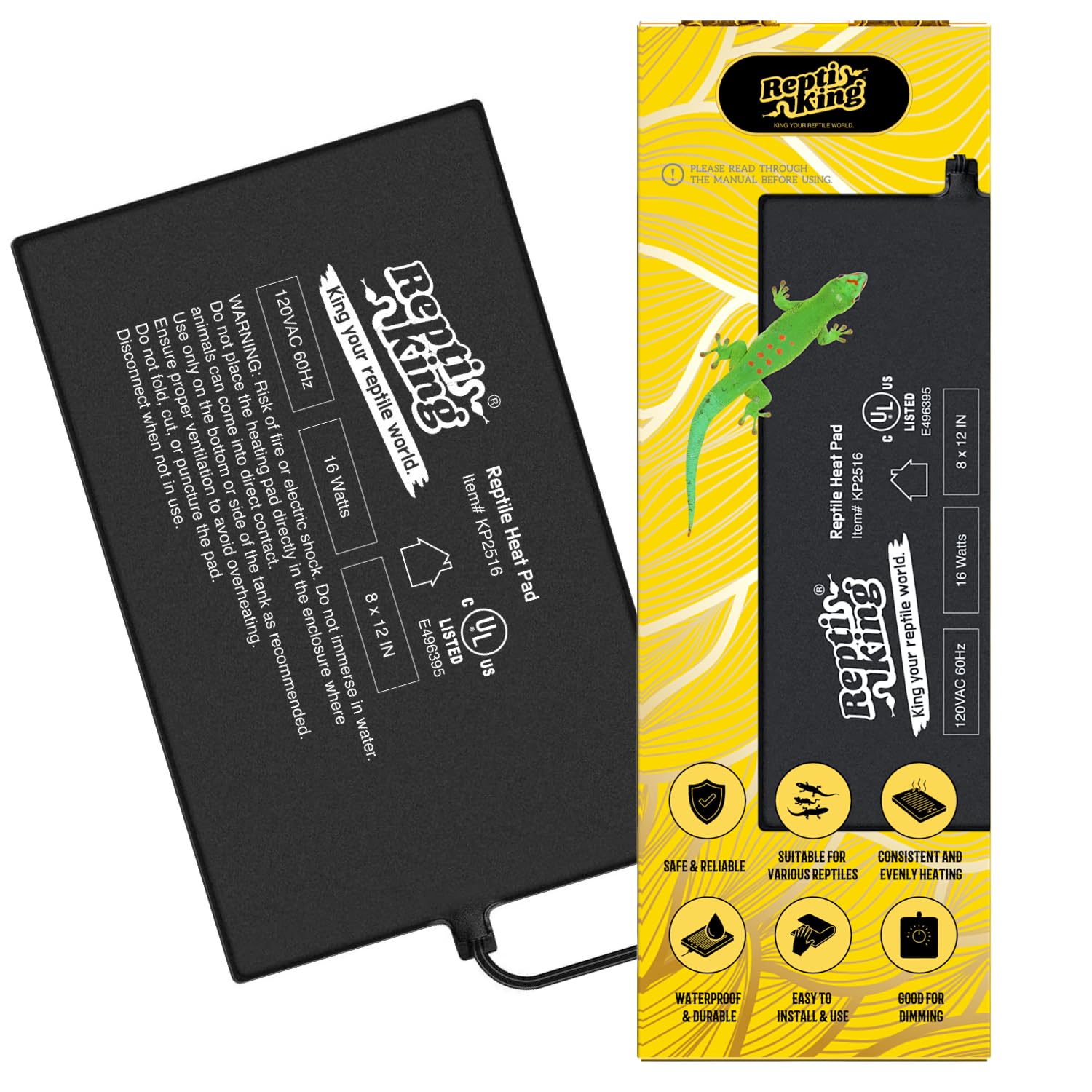 ReptiKing heat pad front view shows compact 8x12 size for even warmth.