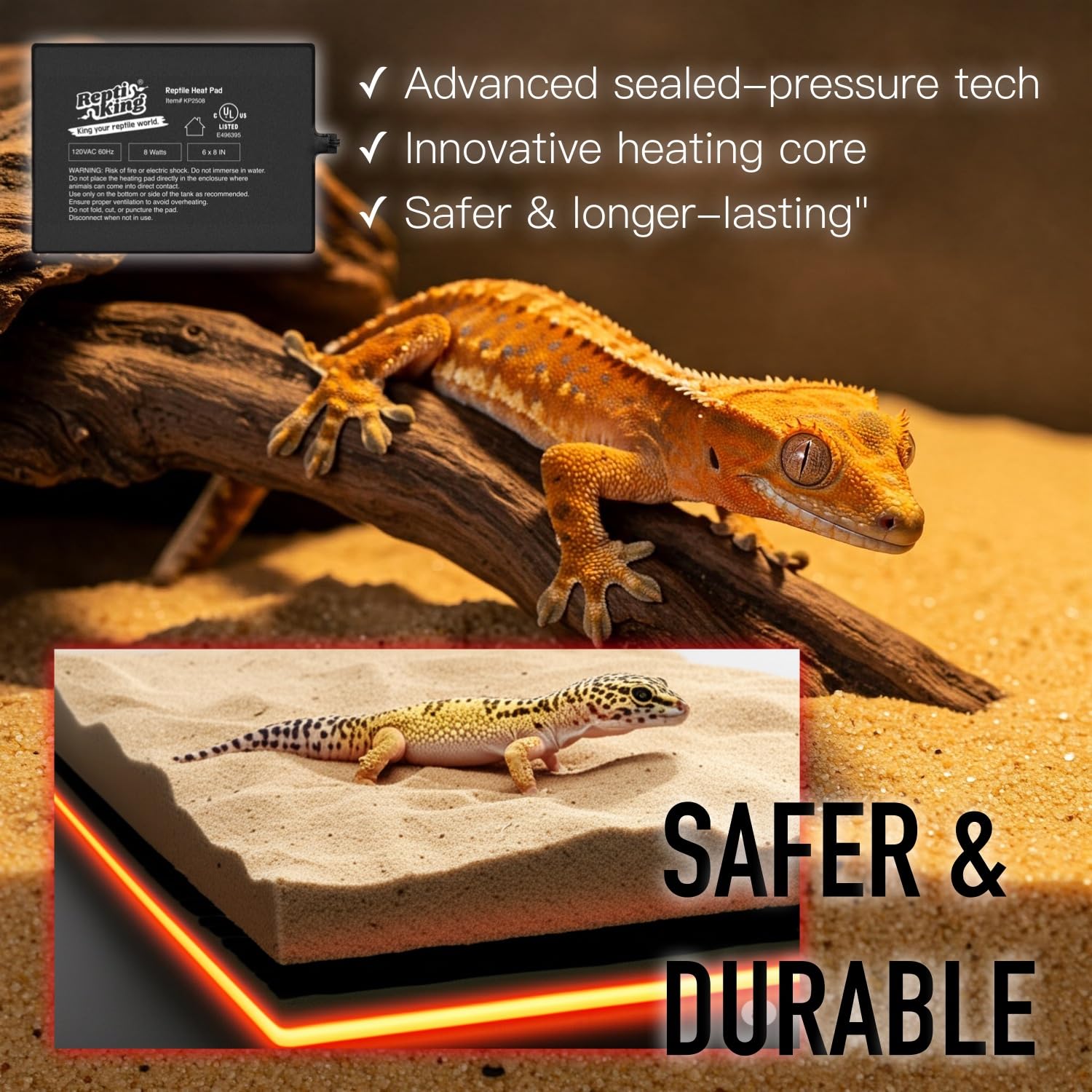 ReptiKing heat pad in terrarium illustrates bottom placement for steady heat.