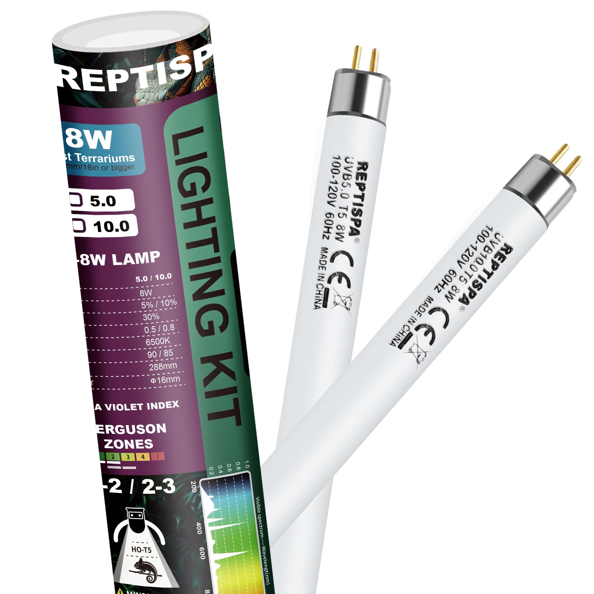 Reptispa 5.0 UVB light pack with two T5 HO tubes for reptiles, minimal heat.