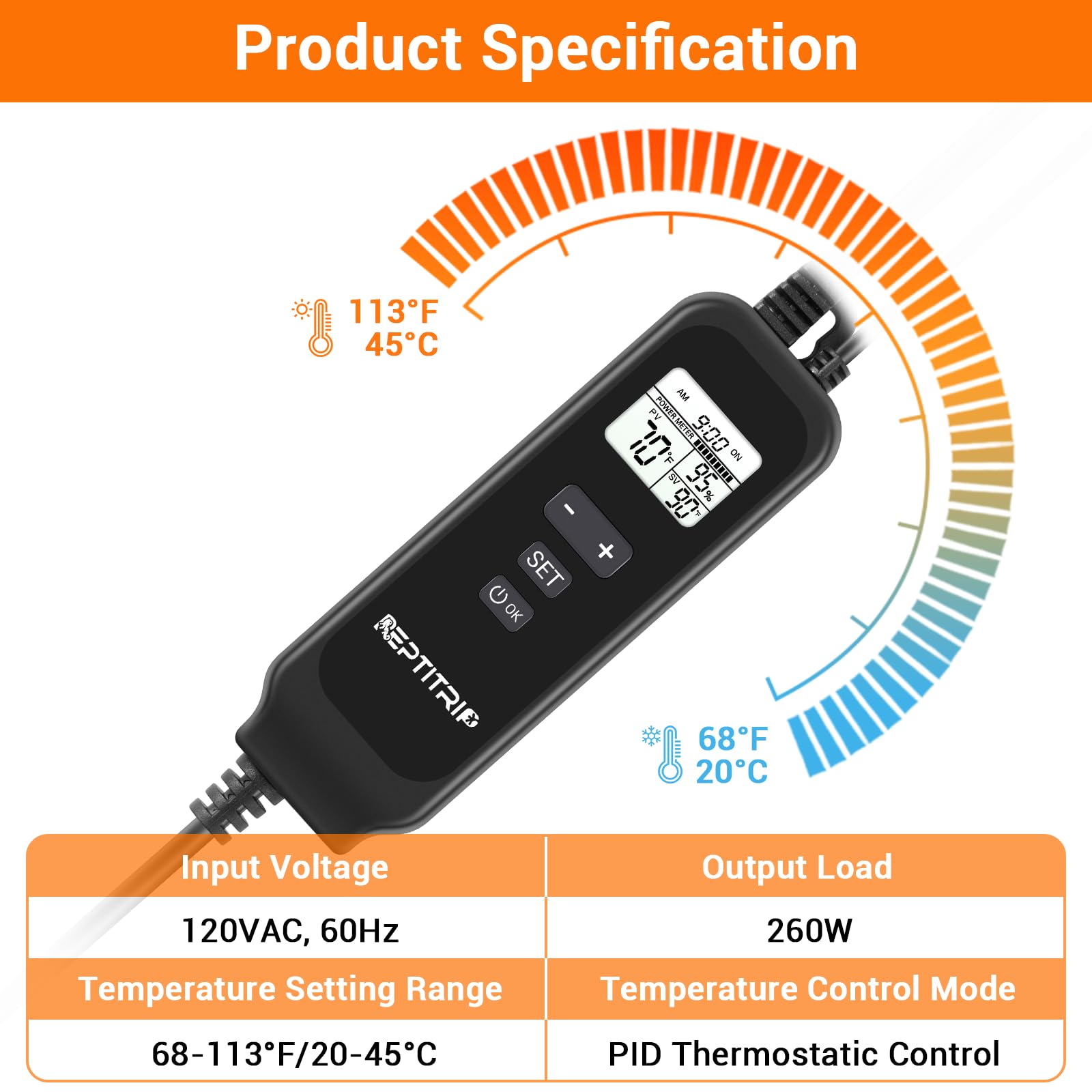 REPTITRIP dimming-thermostat 260W dimming reduces bulb wear and energy use.