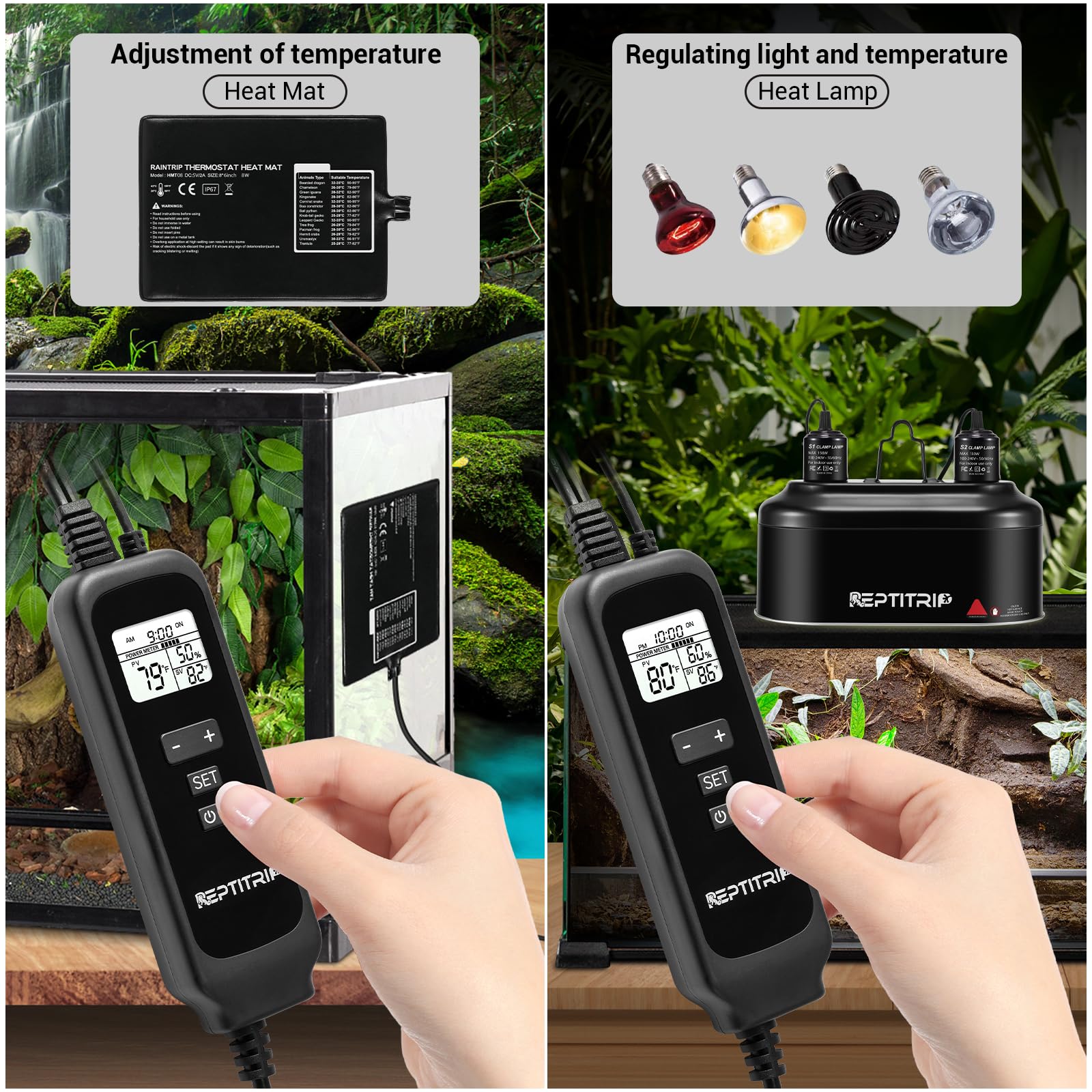 REPTITRIP dimming-thermostat digital-display highlights PID temperature accuracy.