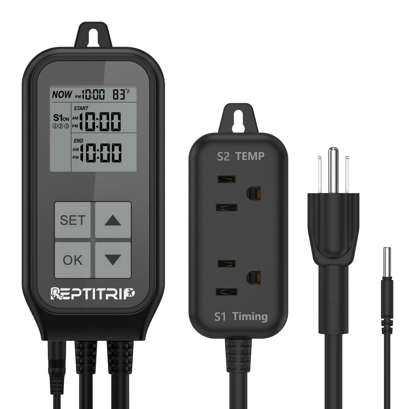 REPTITRIP reptile thermostat front view with dual sockets for automated day-night control.