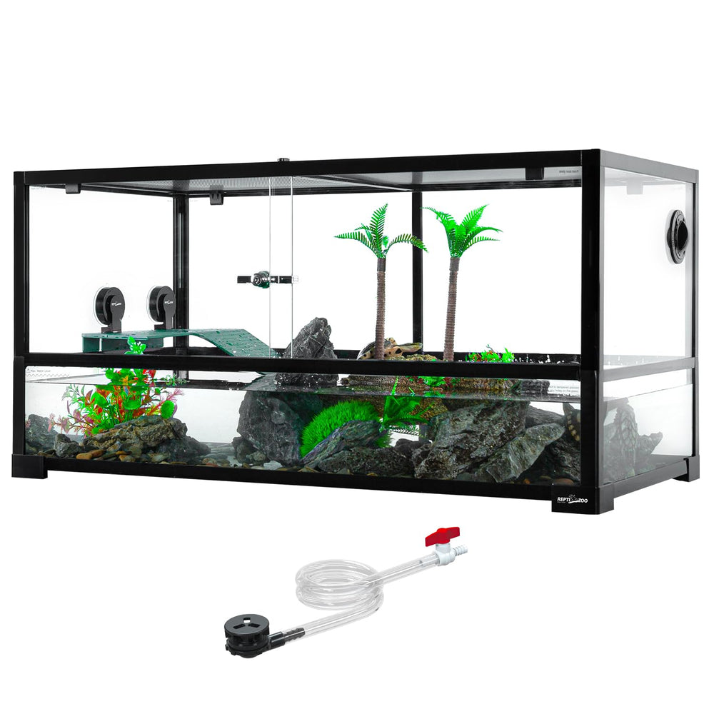 REPTI ZOO 50 gallon turtle tank clear glass view enables easy observation of swimming turtles.