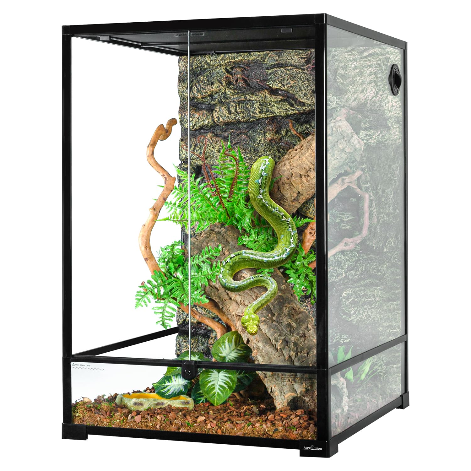 REPTIZOO 90-gallon terrarium front view shows spacious habitat for large reptiles.
