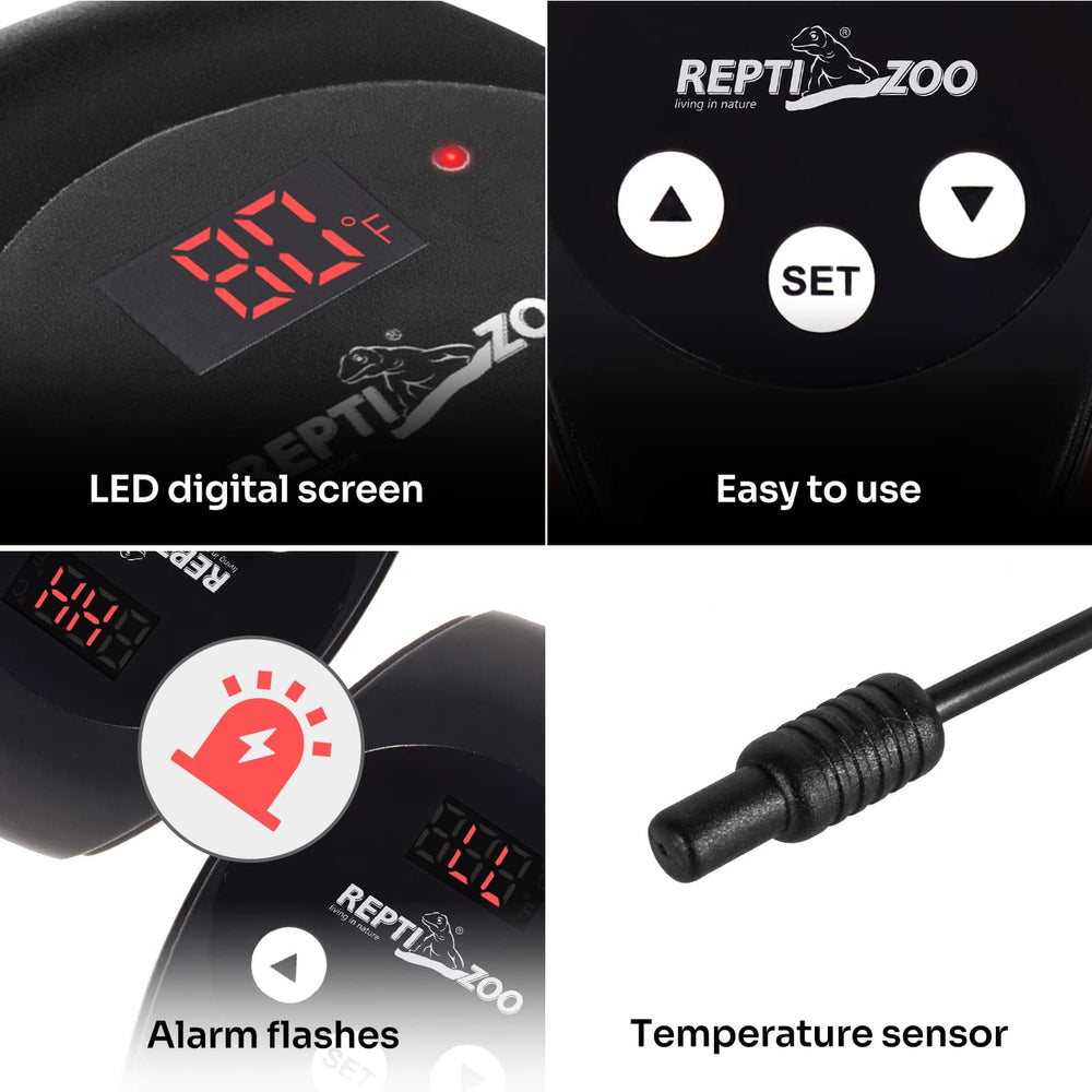 reptizoo dimming thermostat setup image illustrating quick one-button power and probe placement