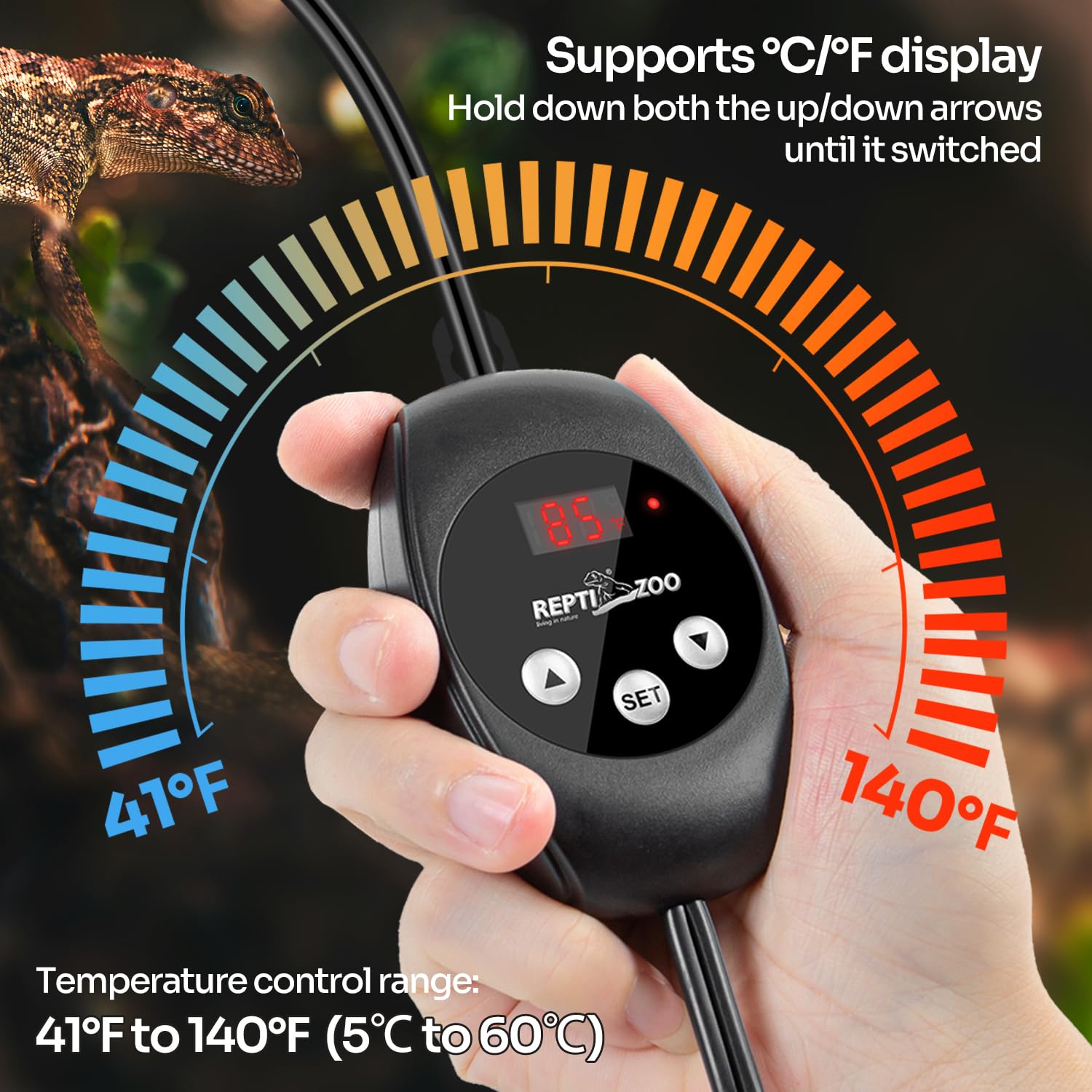 reptizoo dimming thermostat in use with heat lamp demonstrates steady warmth