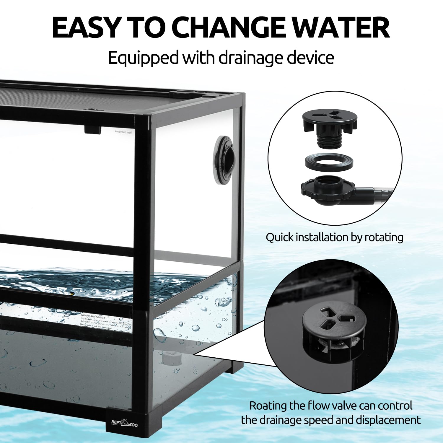 REPTI ZOO drainage system close-up shows easy water changes for clean habitat.