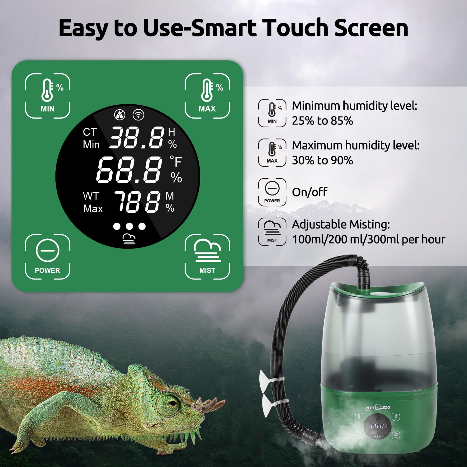 REPTIZOO adjustable misting output 100–300 ml/h for tailored humidity in enclosures