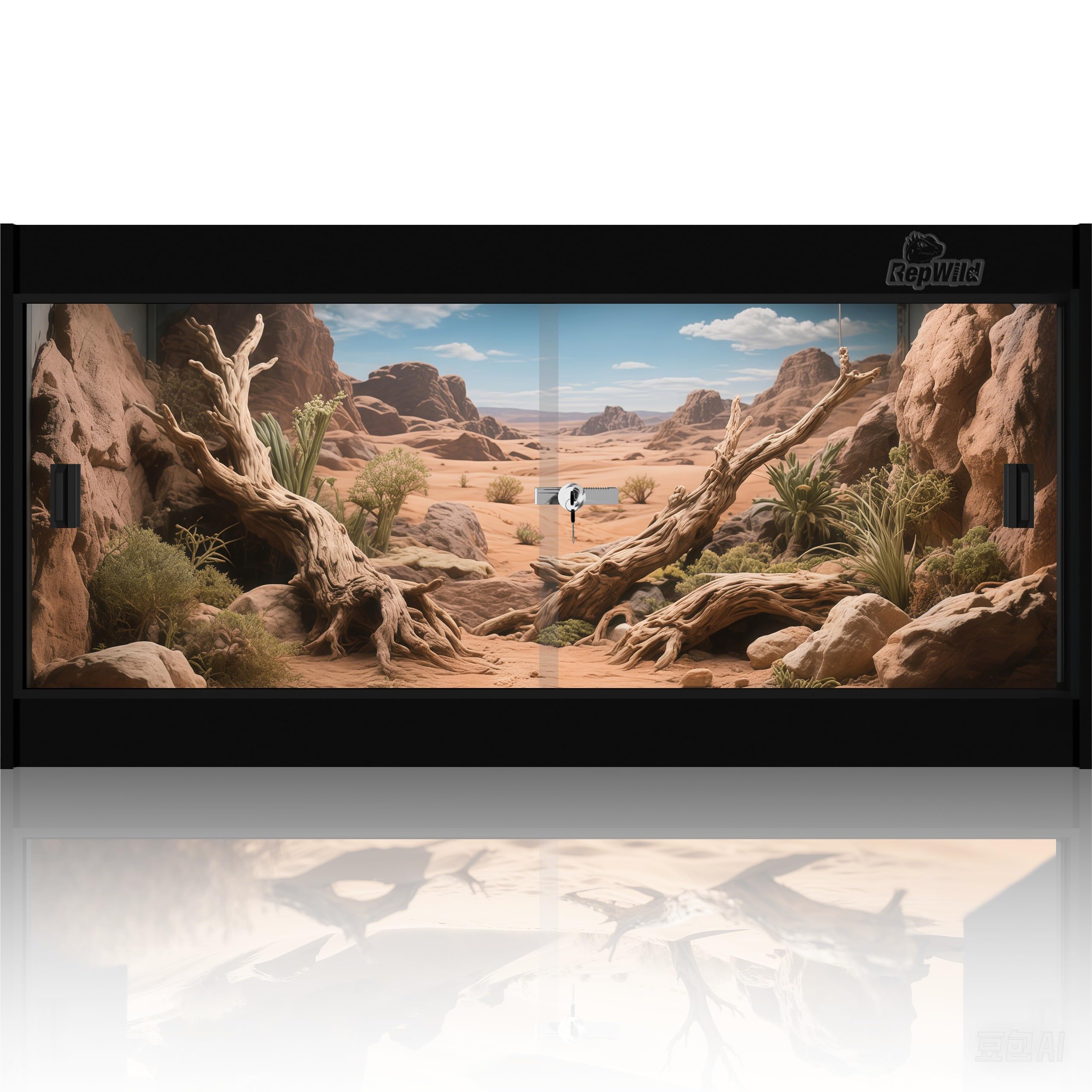 REPWILD 4x2x2 enclosure front view highlights a sturdy PVC shell for long-lasting reptile housing.