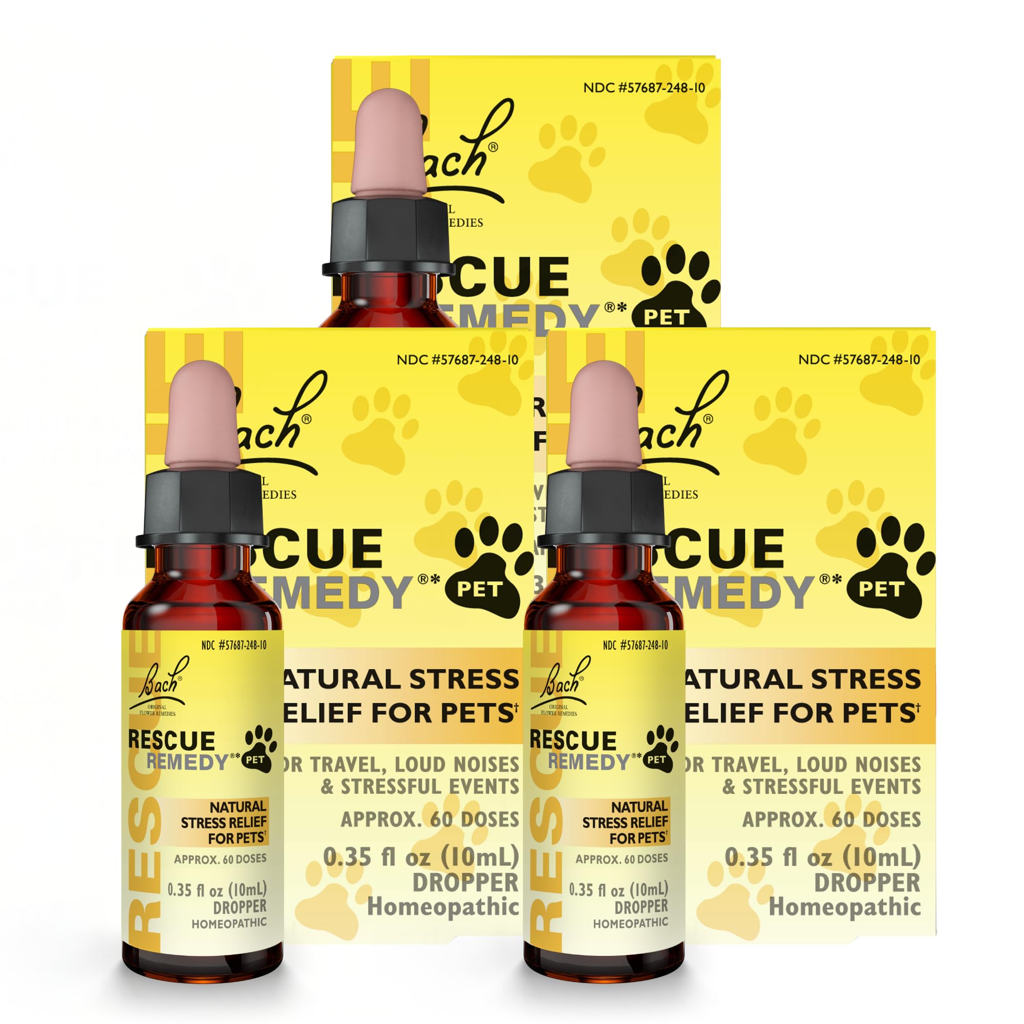 RESCUE Rescue Remedy Pet Dropper 3-pack bottles for calming routines in dogs and cats.