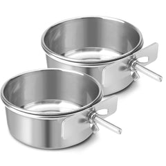 Reshiho stainless steel dog bowl hanging on cage for spill-free feeding.