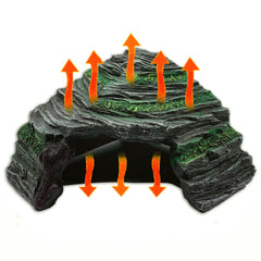 Resin reptile hide rock cave with adjustable heat for winter warmth.