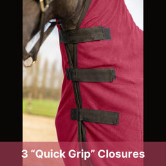 RESISTANCE contour cooler quick grip closures illustrate easy secure fit on active horses.