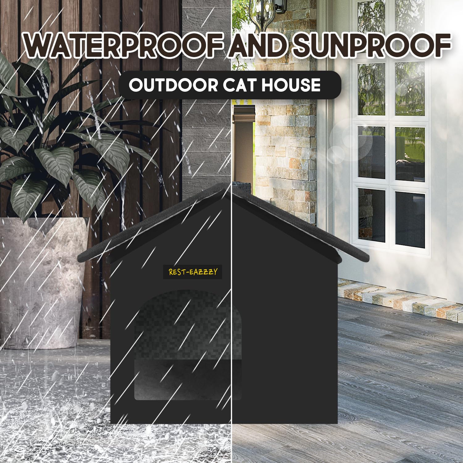 Rest-Eazzzy cat house canopy close-up showing weather protection for rainy days.