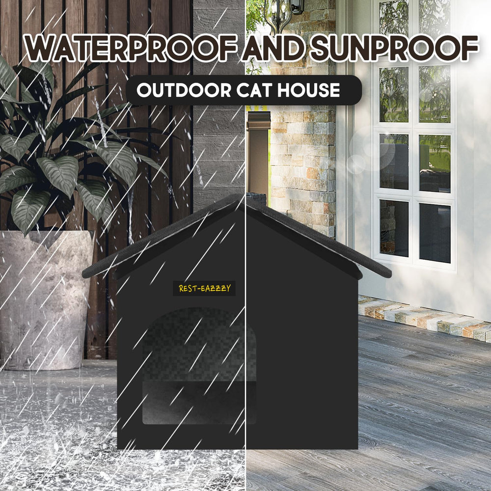 Rest-Eazzzy cat house canopy close-up showing weather protection for rainy days.