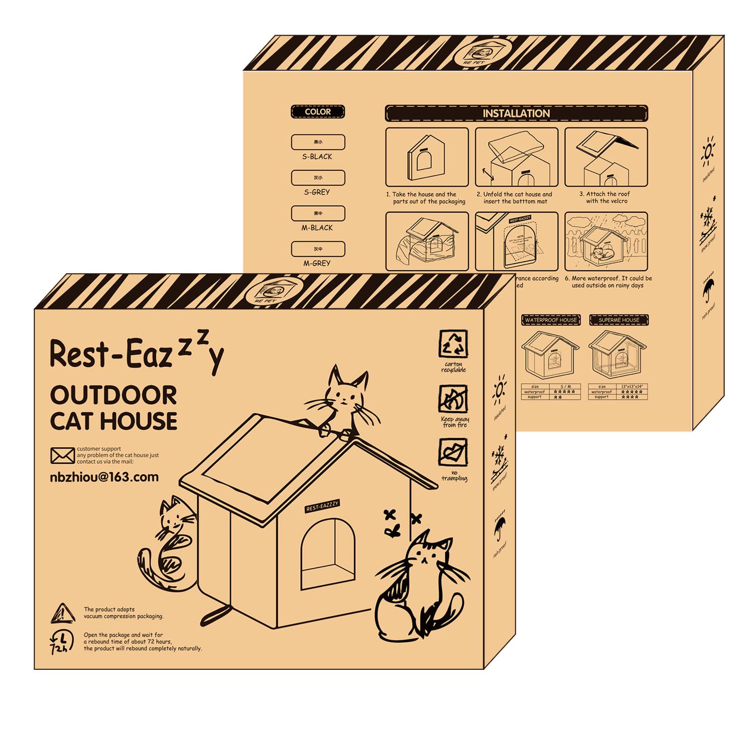 Rest-Eazzzy packaging image showing included canopy, shelter, mat, and clips.