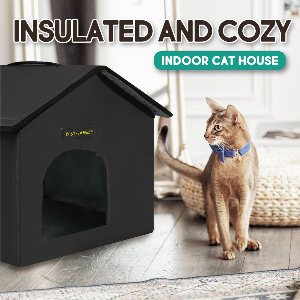 Rest-Eazzzy cat house selfwarming design helps retain warmth in cold weather.