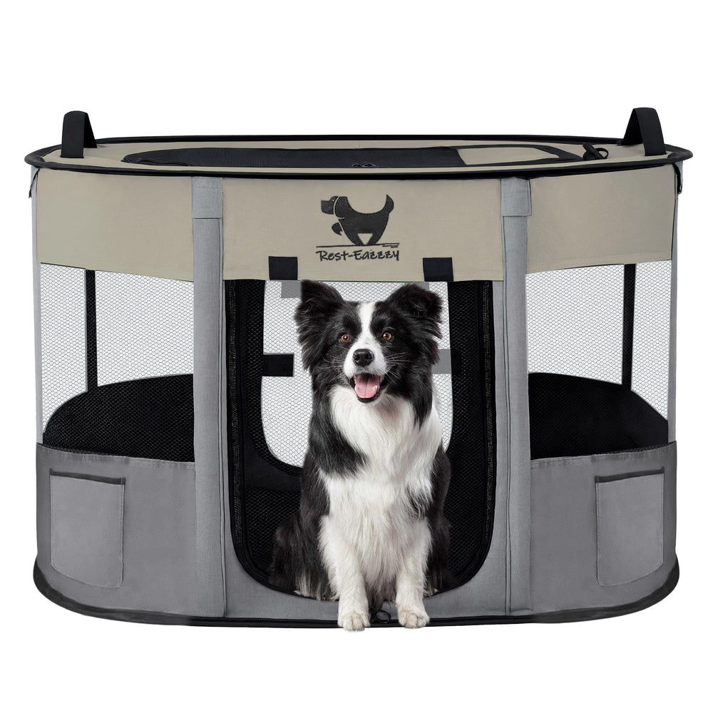 Rest-Eazzzy dog playpen setup demonstrates quick assembly for travel and backyard use.