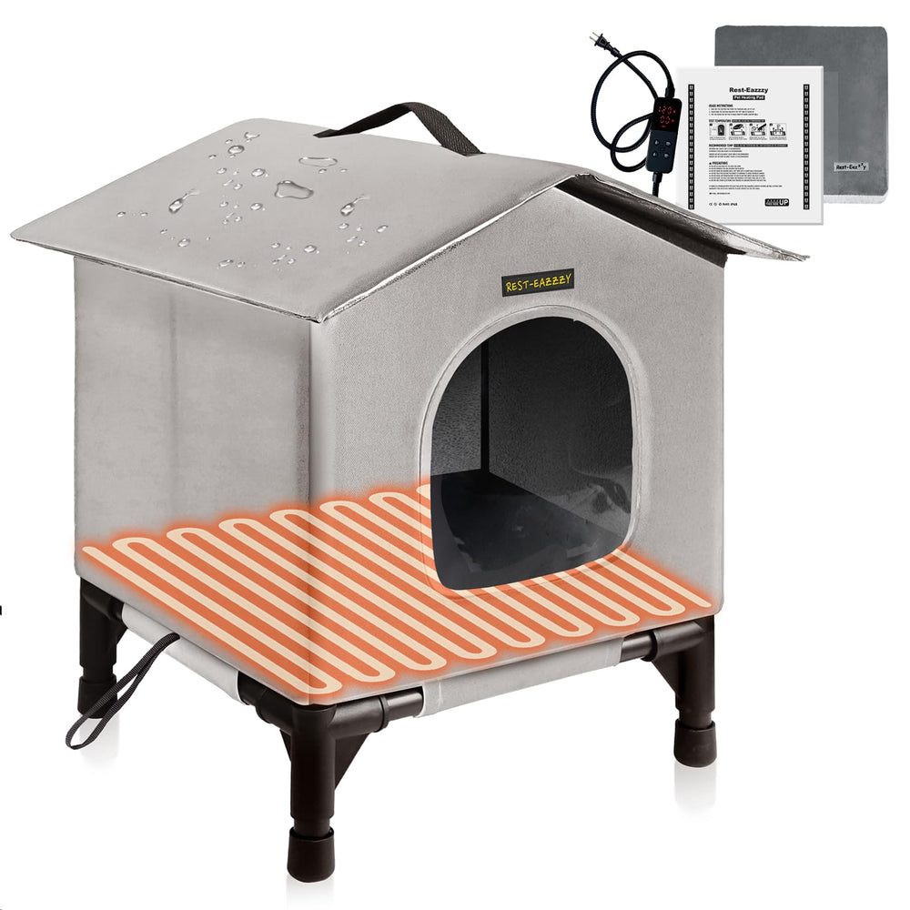 Rest-Eazzzy heated cat house exterior in grey-heat offers winter warmth ready