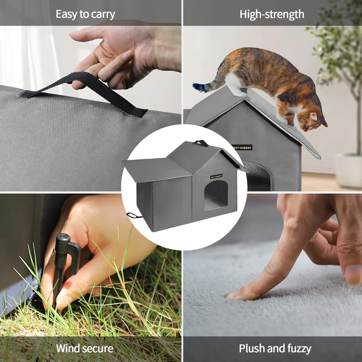 Rest-Eazzzy outdoor cat house features a portable carry handle for easy relocation.