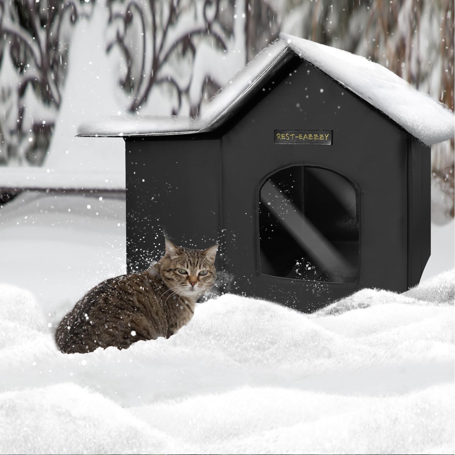 Rest-Eazzzy outdoor cat house compact design fits small spaces.