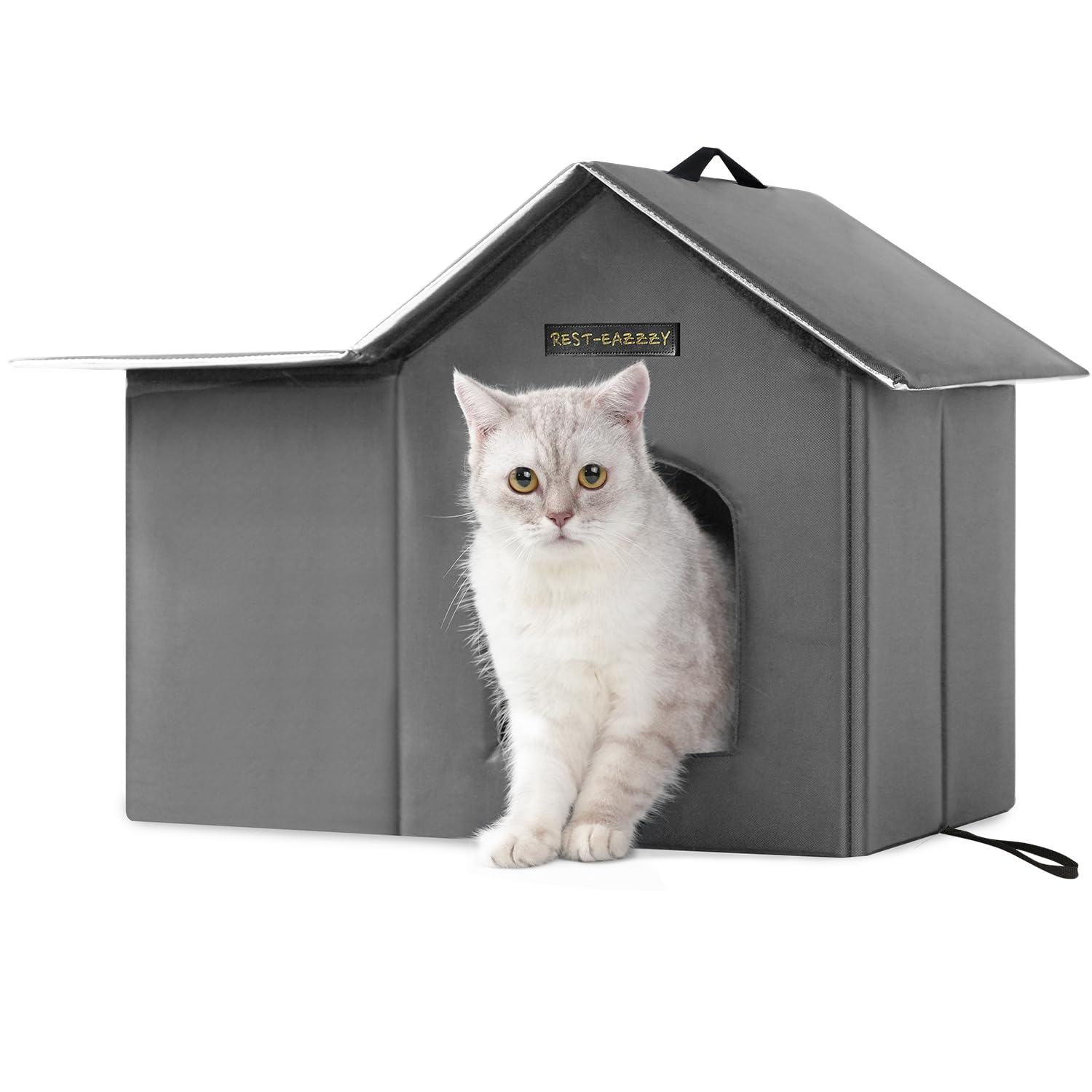 Rest-Eazzzy outdoor cat house with waterproof roof keeps interior dry for rainy days.