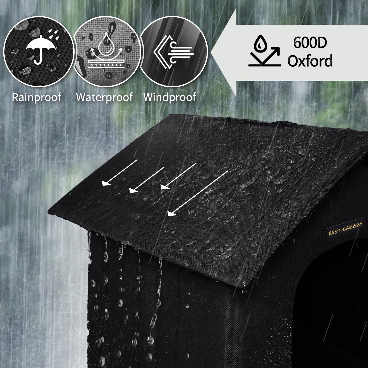 Rest-Eazzzy outdoor cat house weatherproof shell keeps interior dry in rain.