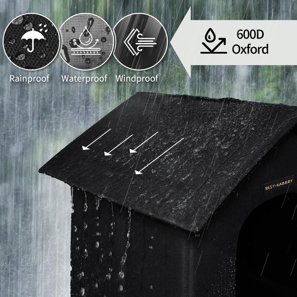 Rest-Eazzzy outdoor cat house weatherproof shell keeps interior dry in rain.