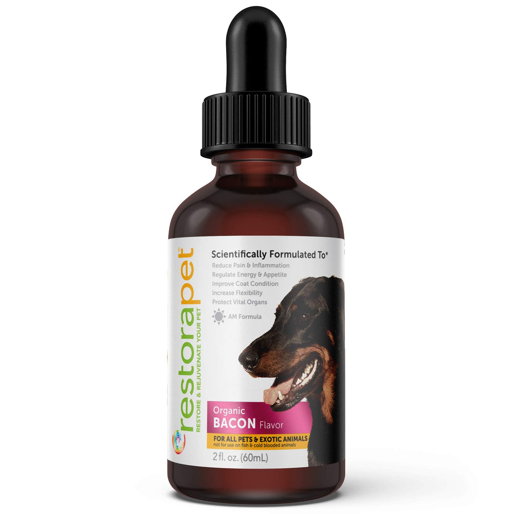 RestoraPet bacon liquid multivitamin bottle for easy daily supplementation and joint support.