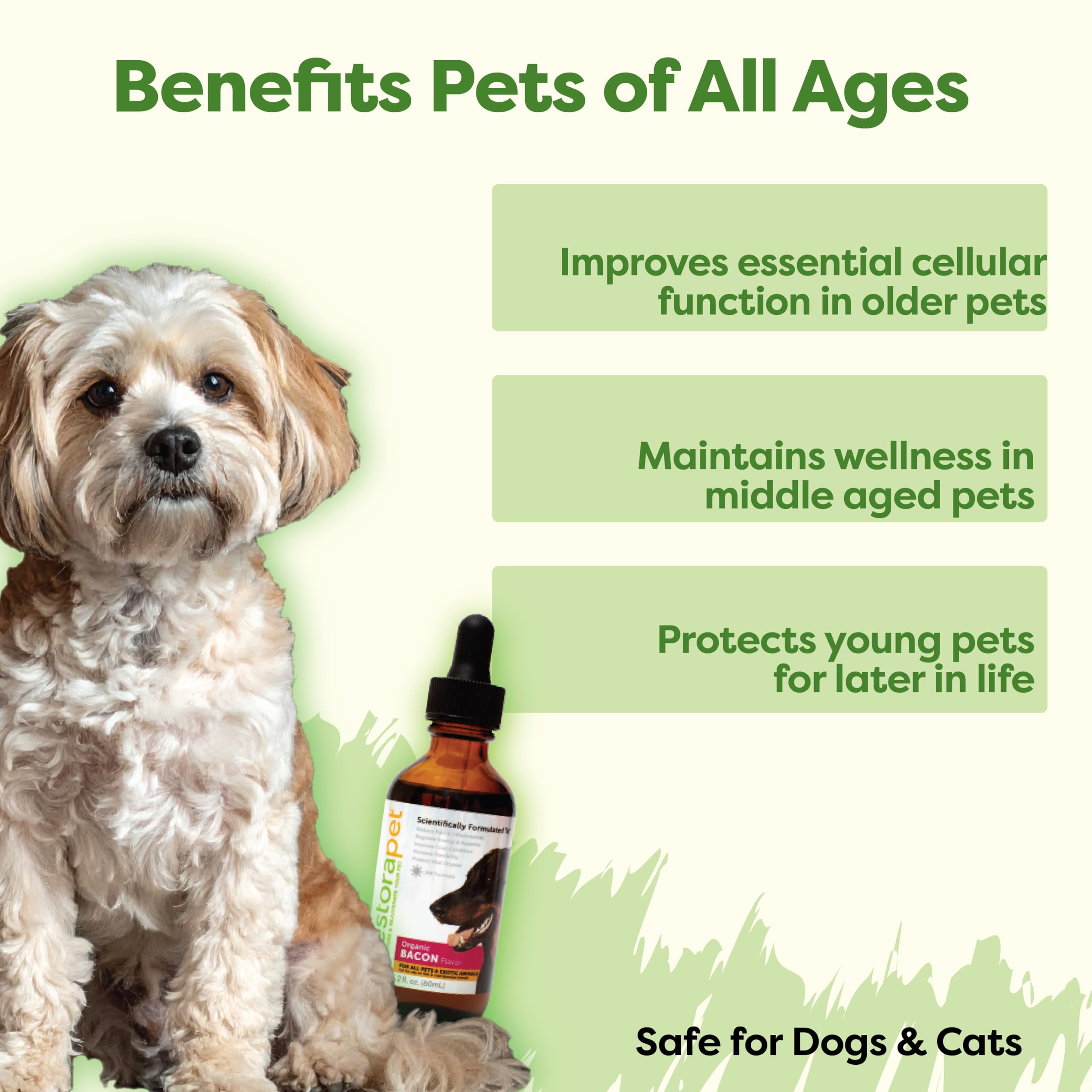RestoraPet bacon liquid vitamin pour demonstrates simple administration for picky pets.