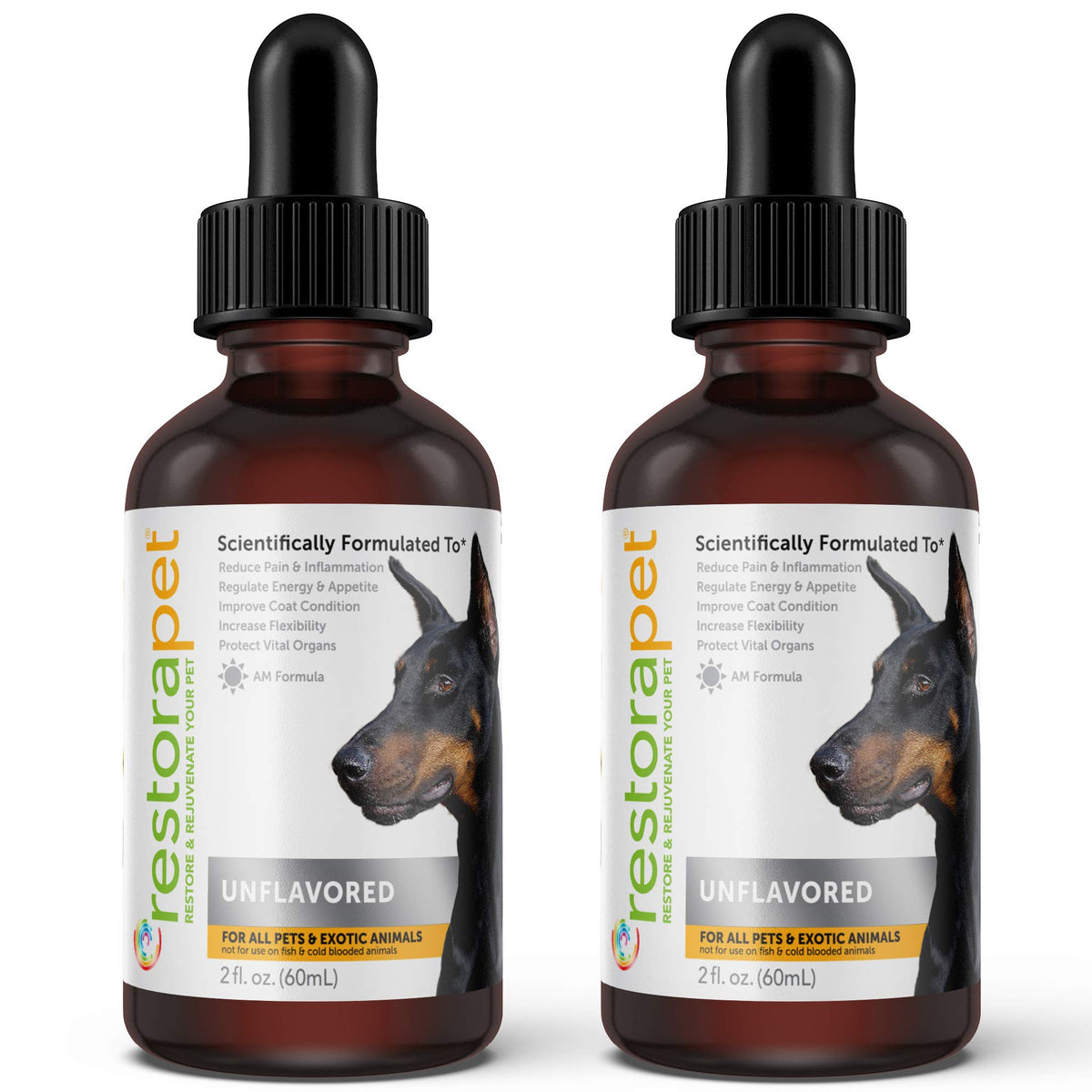RestoraPet unflavored liquid multivitamin bottle supports joint health.