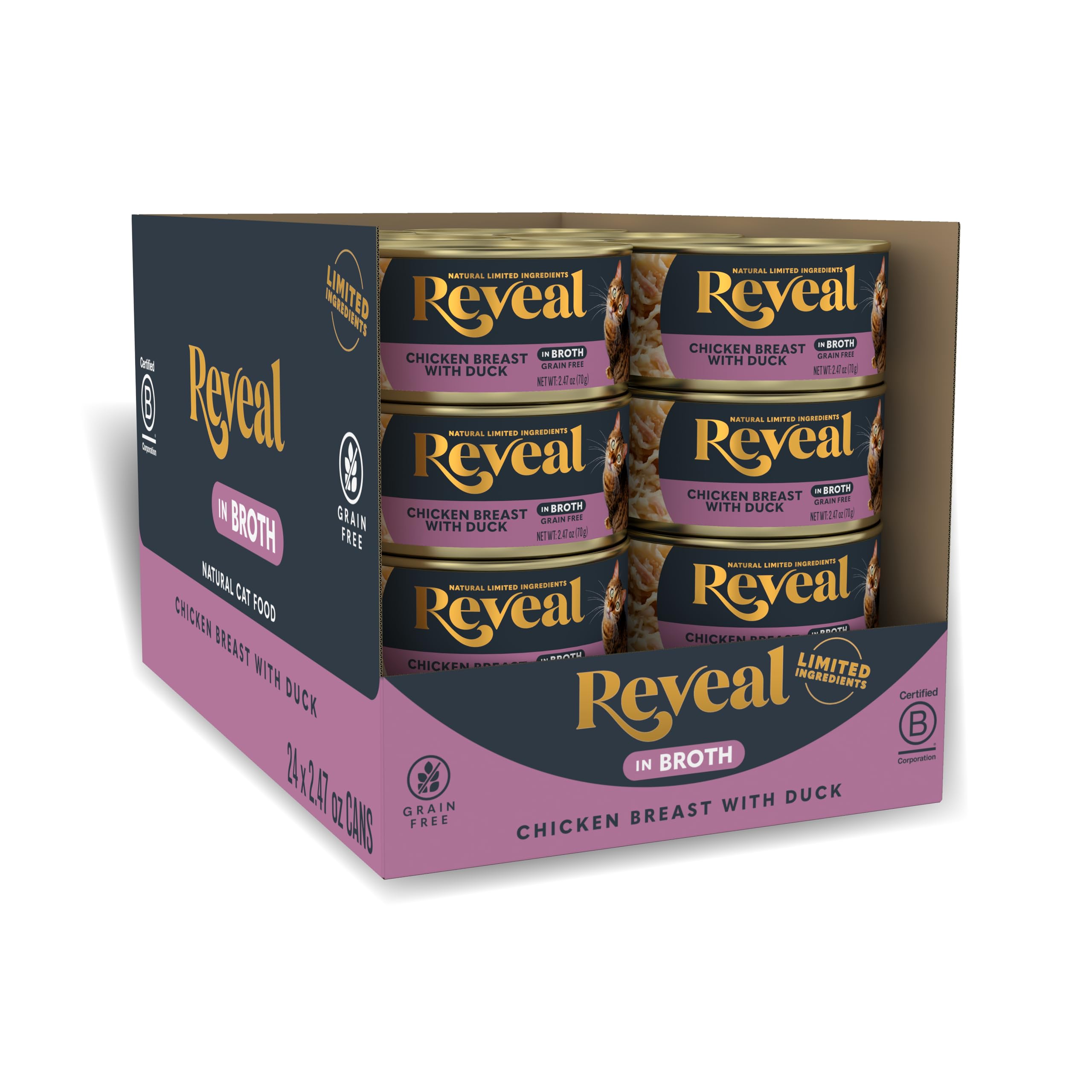 Reveal chicken-breast-duck-in-broth cans opened reveal protein-rich meal for picky cats.