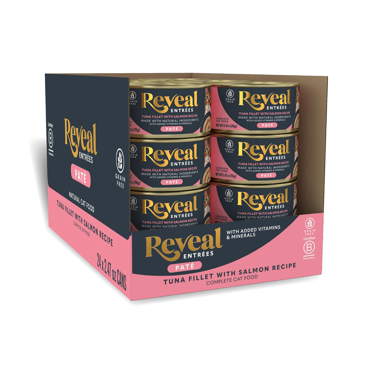 Reveal Entrées tuna-salmon-pate-bowl shows a protein-packed meal for happy cats.