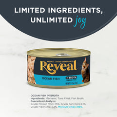 Reveal grain-free wet cat food can side view suggests simple, limited ingredients.