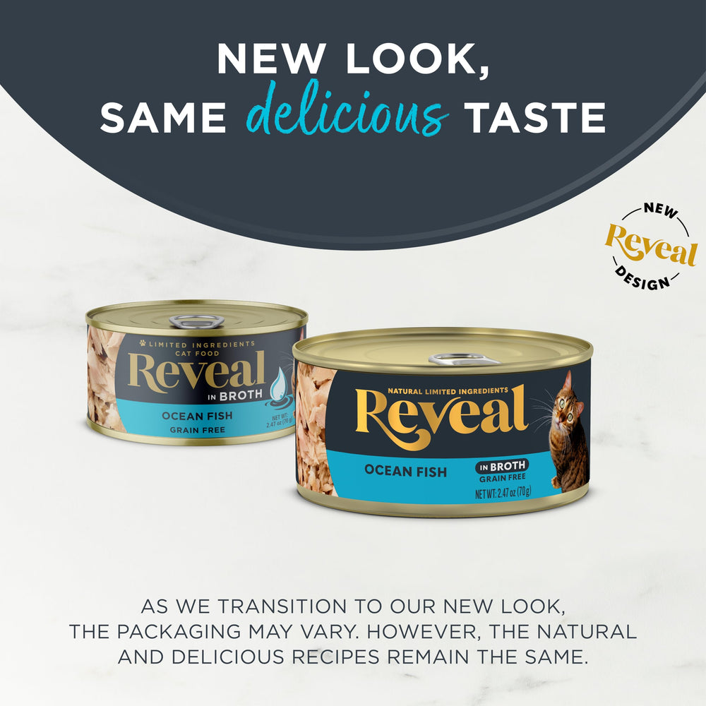 Reveal high-protein wet cat food can close-up emphasizes first-ingredient protein.
