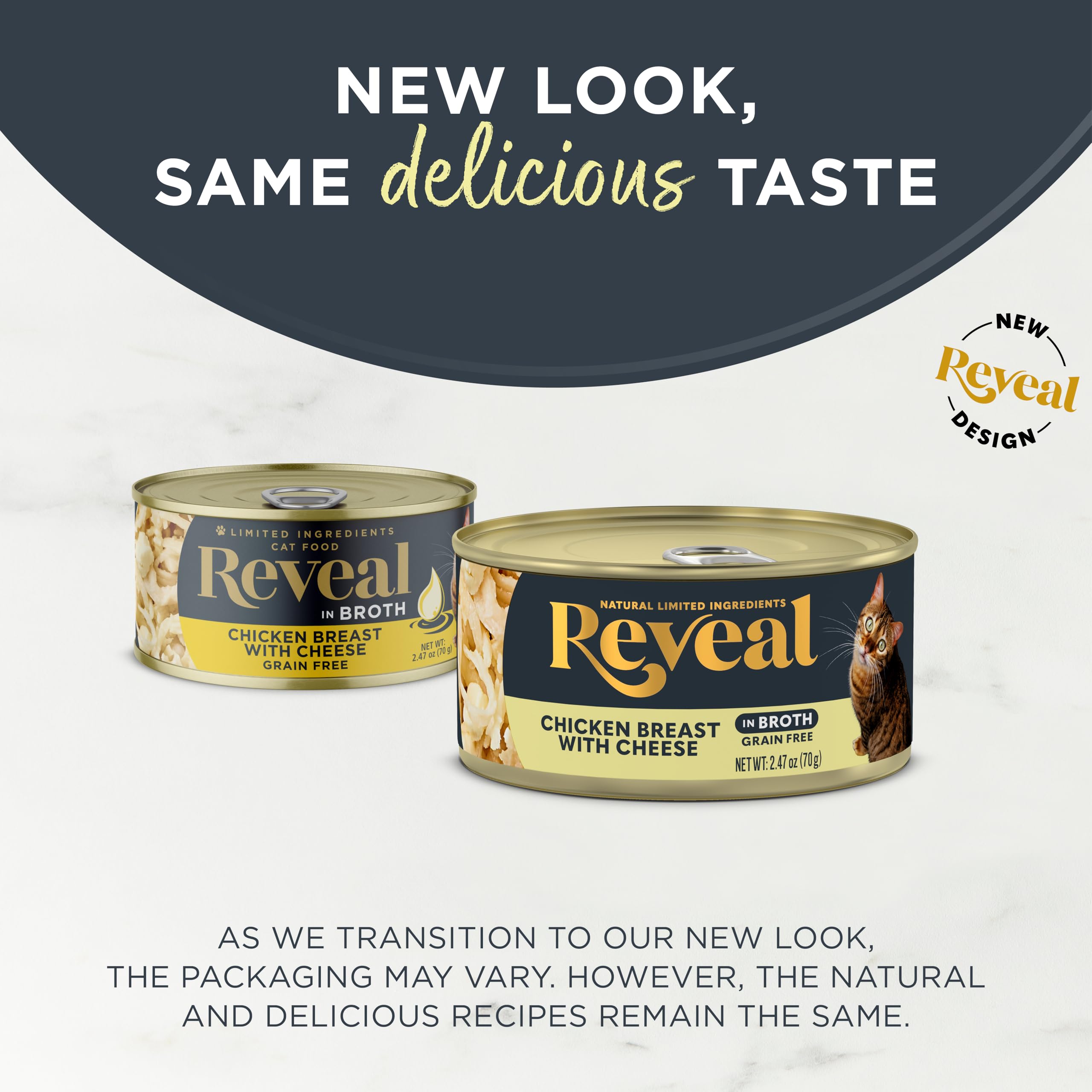 Reveal natural wet cat food cans close-up: grain-free formula supports simple ingredients.