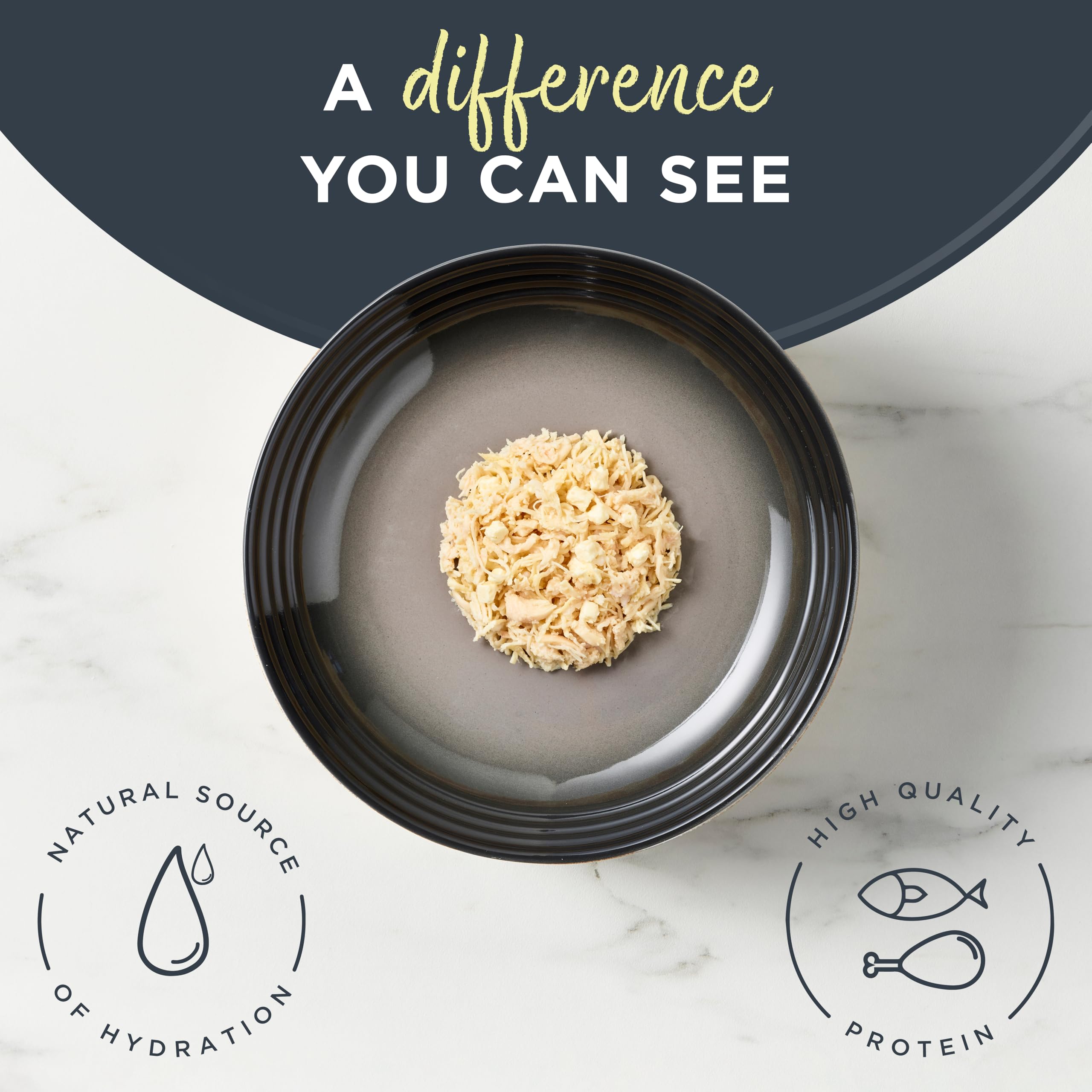 Reveal natural wet cat food chicken-cheese in broth close-up chunk: real protein first.