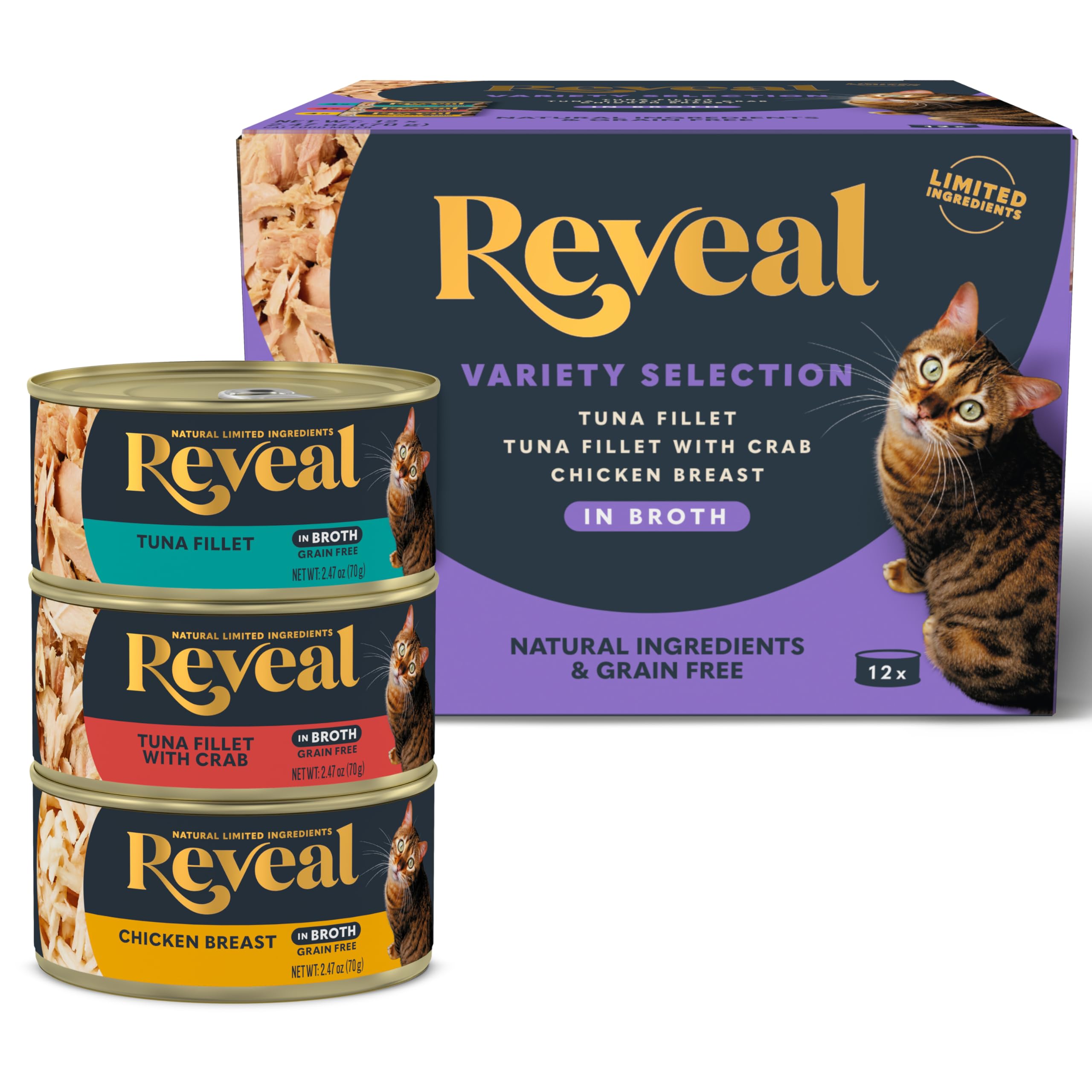 Reveal natural wet cat food limited-ingredients cans showcase simple nutrition for sensitive cats.